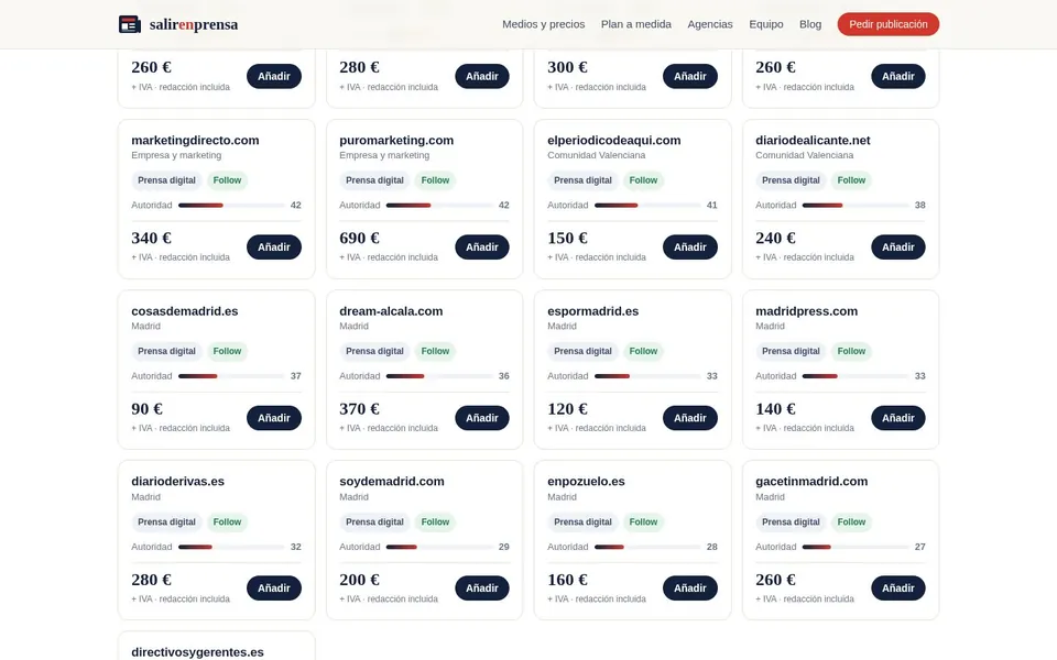 Catálogo de medios con autoridad y precio